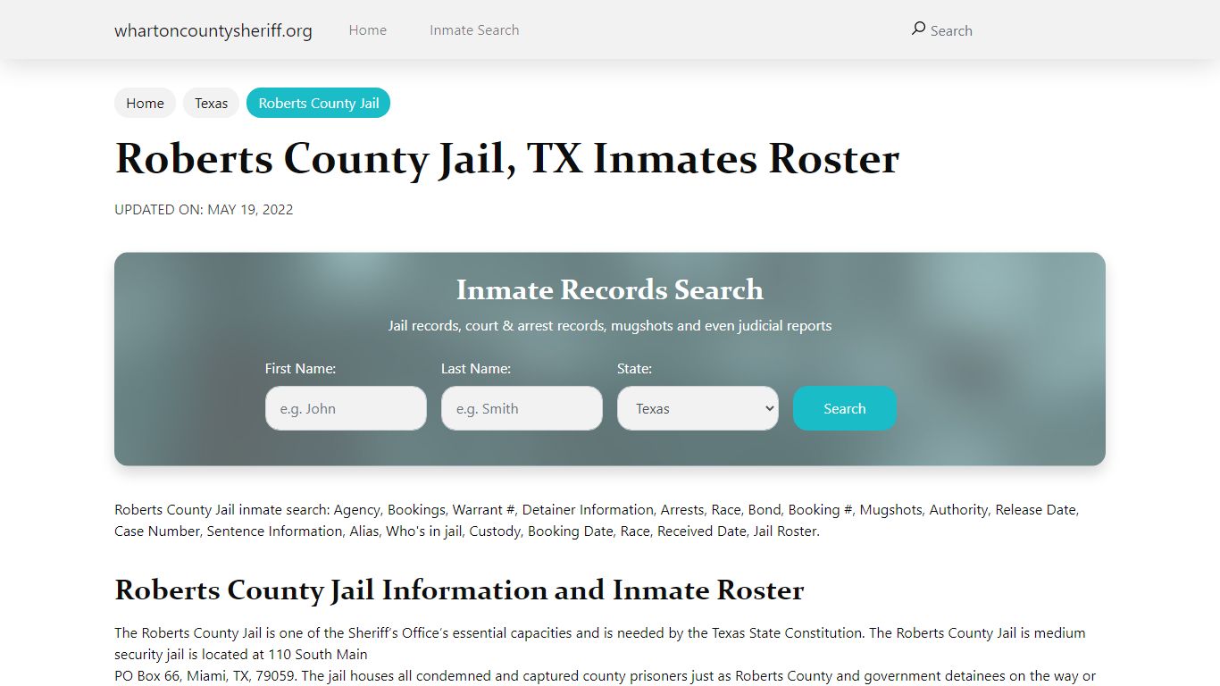 Roberts County Jail, TX Jail Roster, Name Search